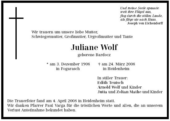 Bardocz Juliane 1908-2008 Todesanzeige